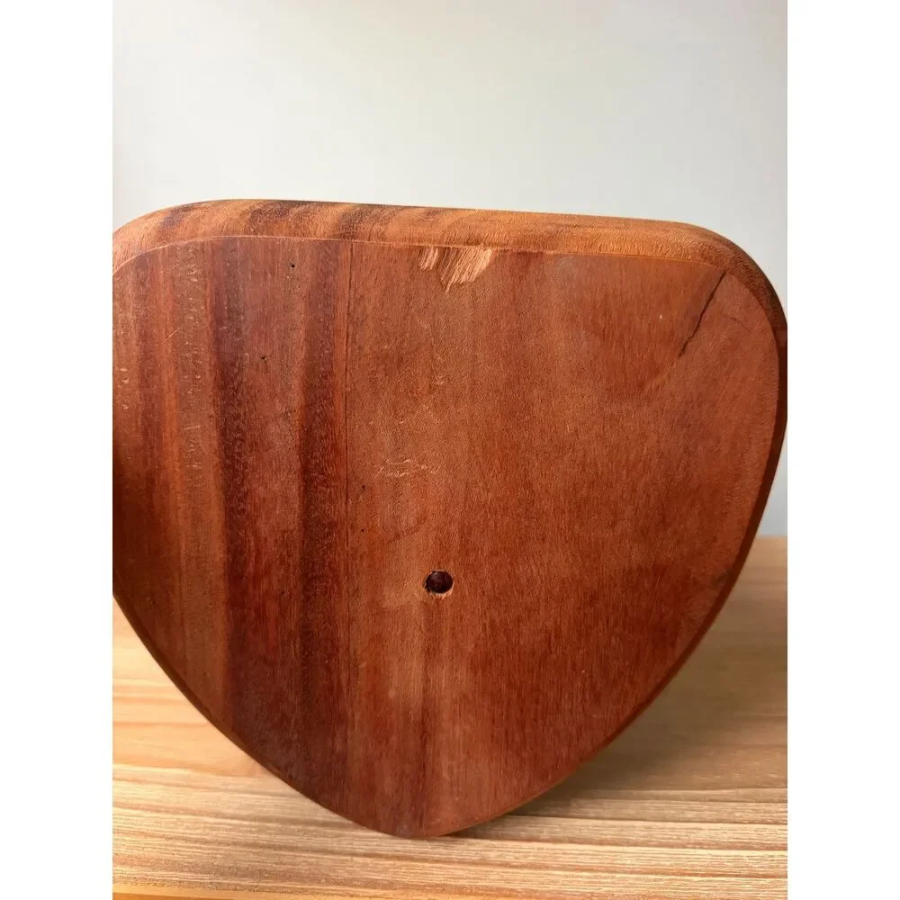 Vintage Artisan Carved Wood Folding Collapsible Heart Shaped Bowl Basket